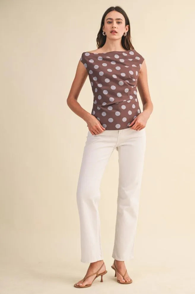Mocha Dot Draped Shoulder Top