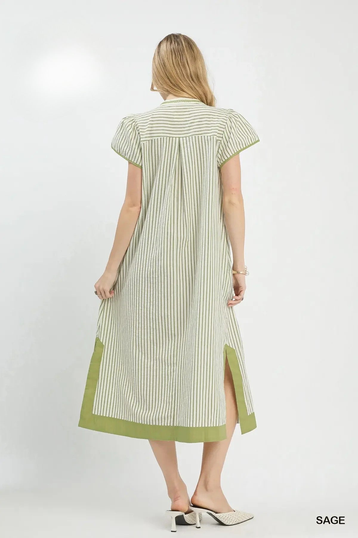 Sage Pinstripe Appliqué MIdi Dress