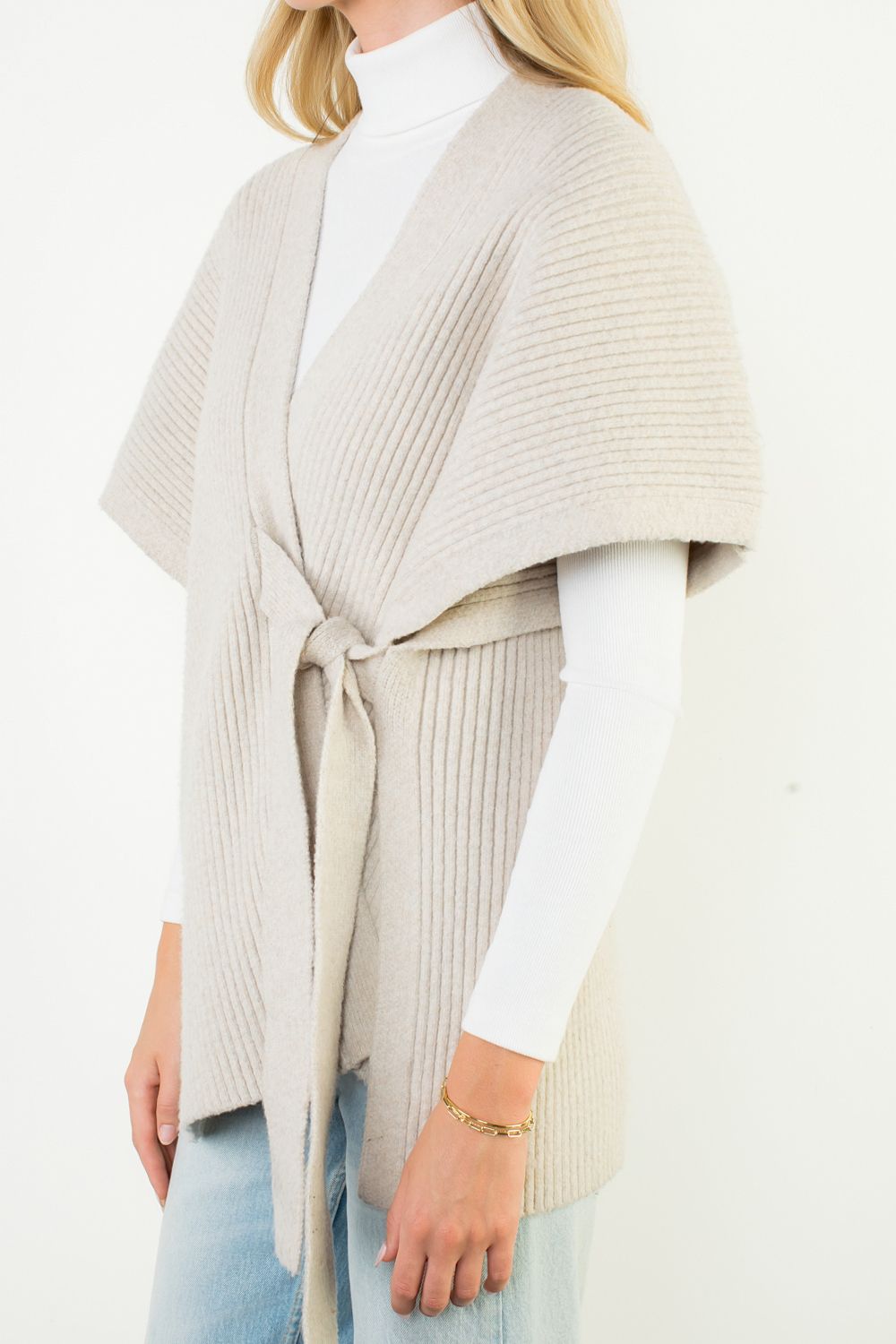 Soft Knit Wrap Vest with Waist Tie – Oatmeal