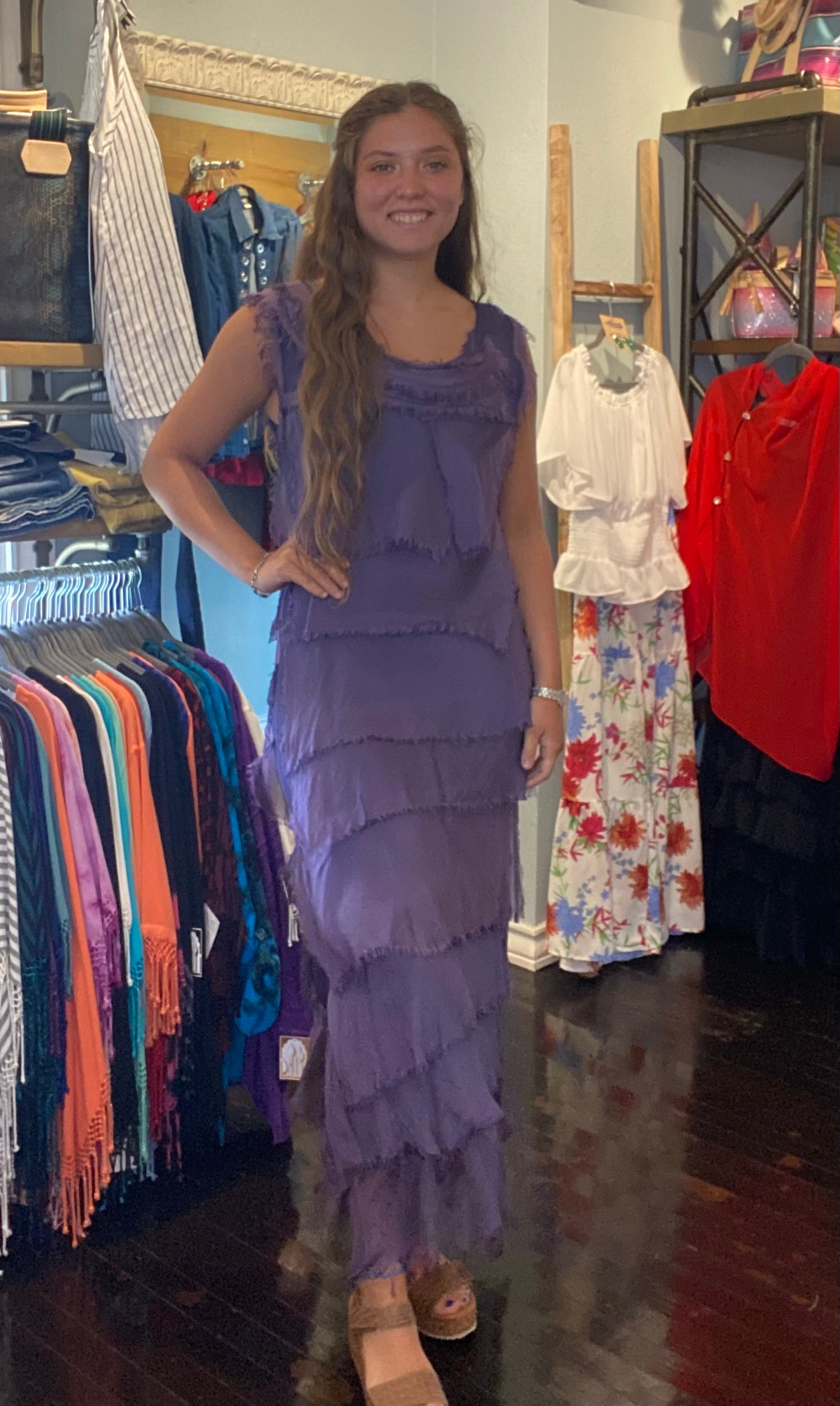 PURPLE Silk Ankle Length Ruffle Dress