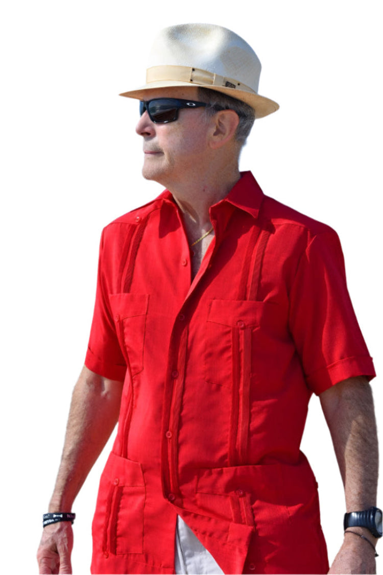 Men's Red Short Sleeve Poly/Cotton Guayabera