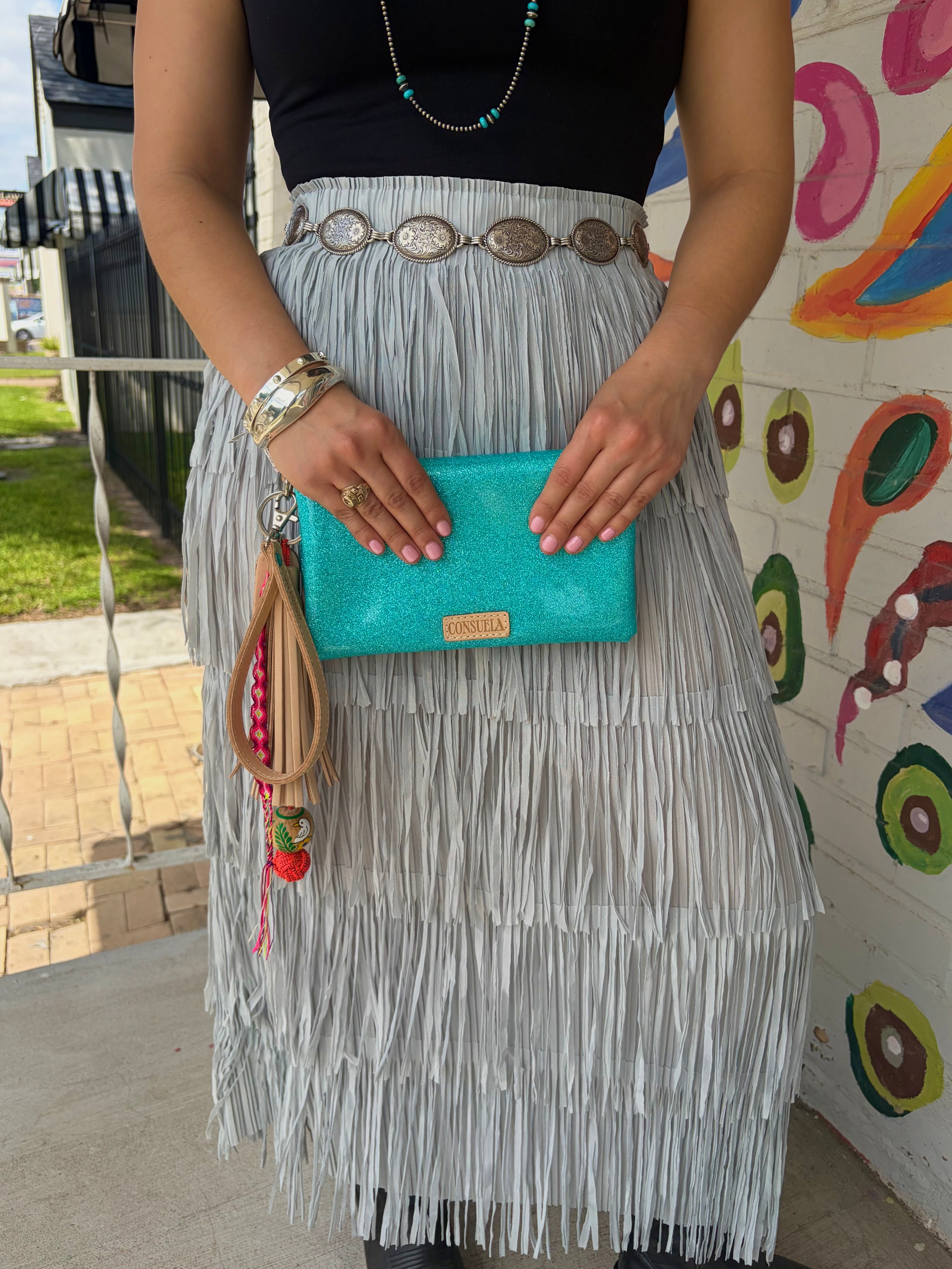 Dusty Blue All Over Fringe Skirt