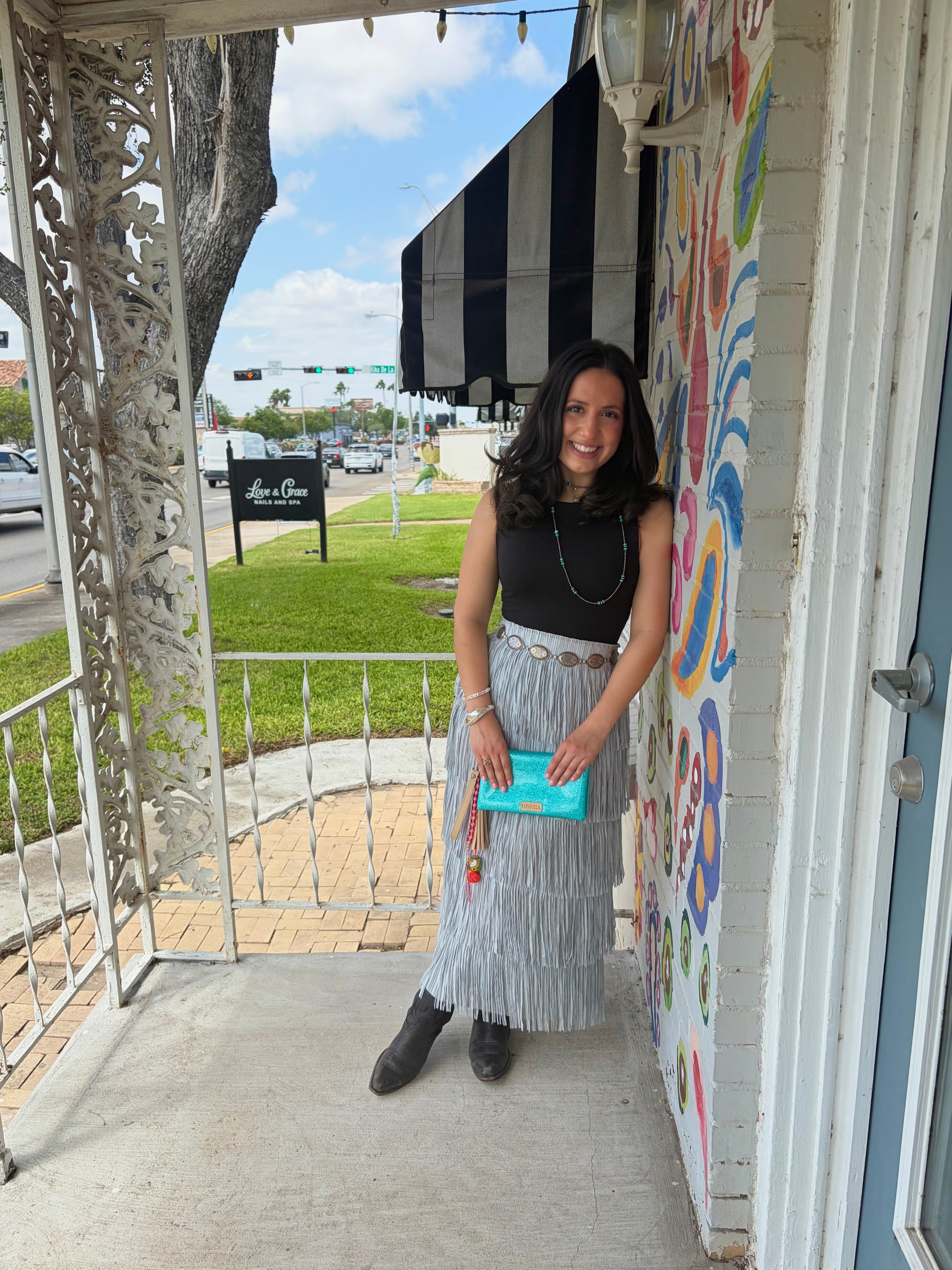 Dusty Blue All Over Fringe Skirt