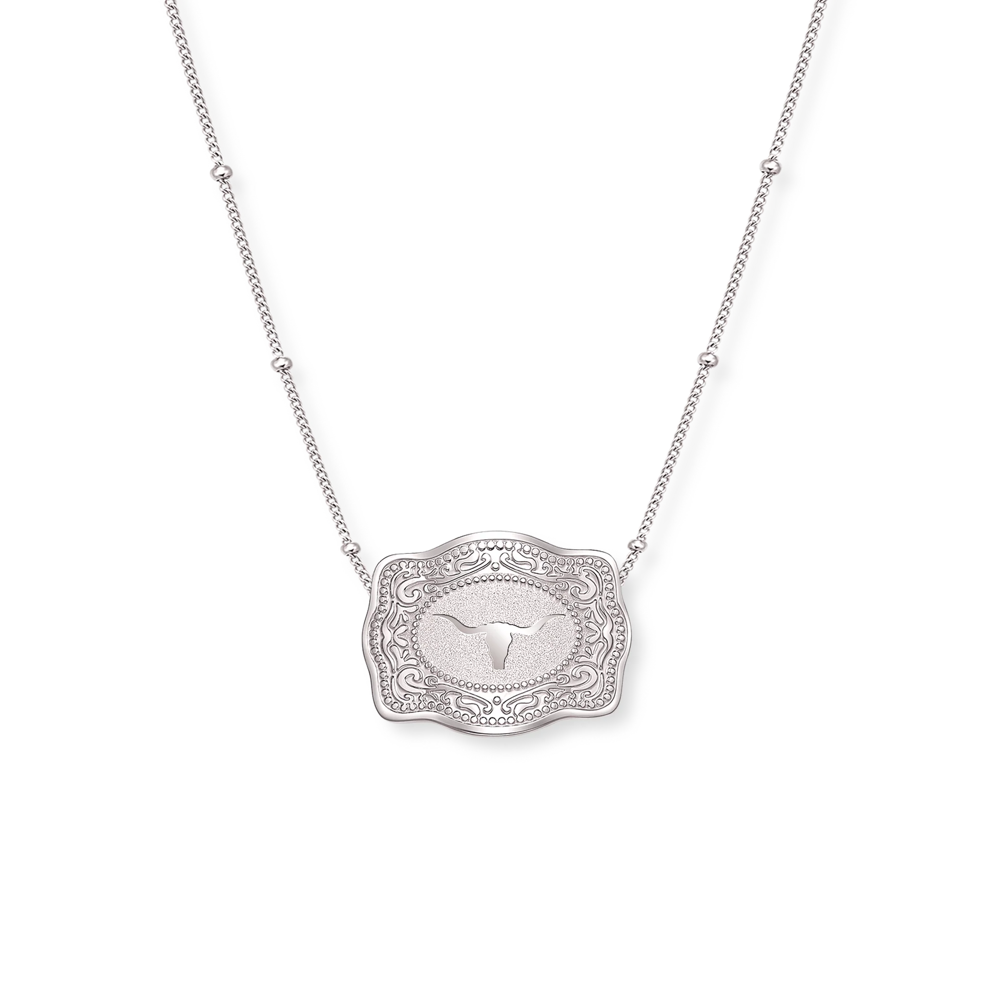 SpurWest Mini Belt Buckle Necklace (Longhorn) - Silver Beaded Chain