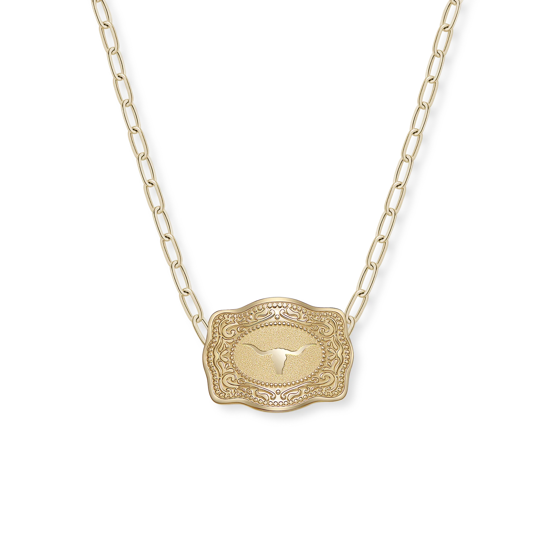 SpurWest Mini Belt Buckle Necklace (Longhorn) - Gold/ Paperclip