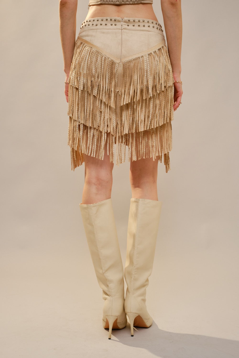 Metal Studs Layered Fringe Skirt