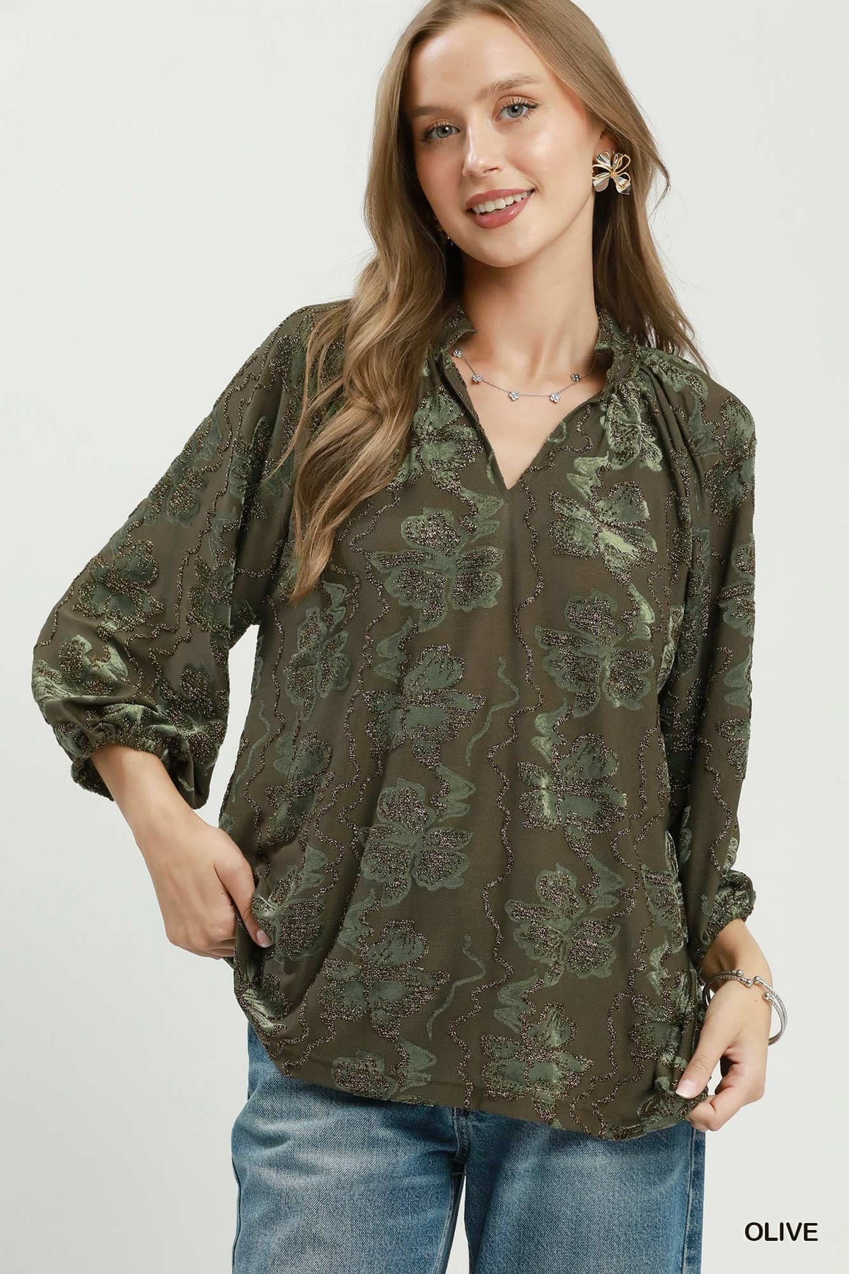 Olive Shimmer Velvet Floral Blouse