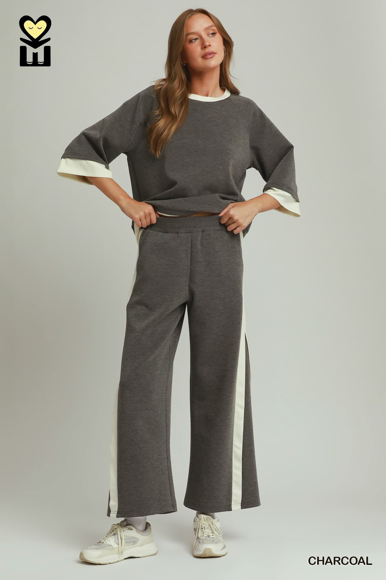 Charcoal Grey/Cream Color Block LuxeKnit Lounge Set