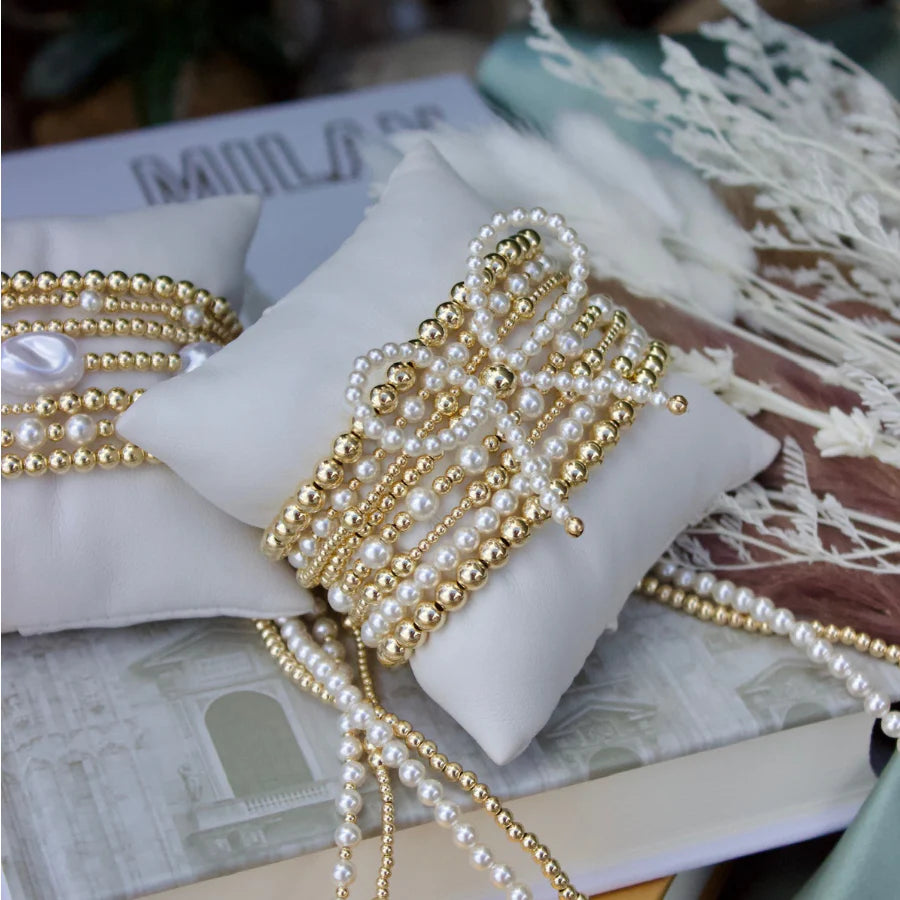 Classic 2mm Gold Filled and 4mm Glass Pearl Beaded Pattern Bracelet