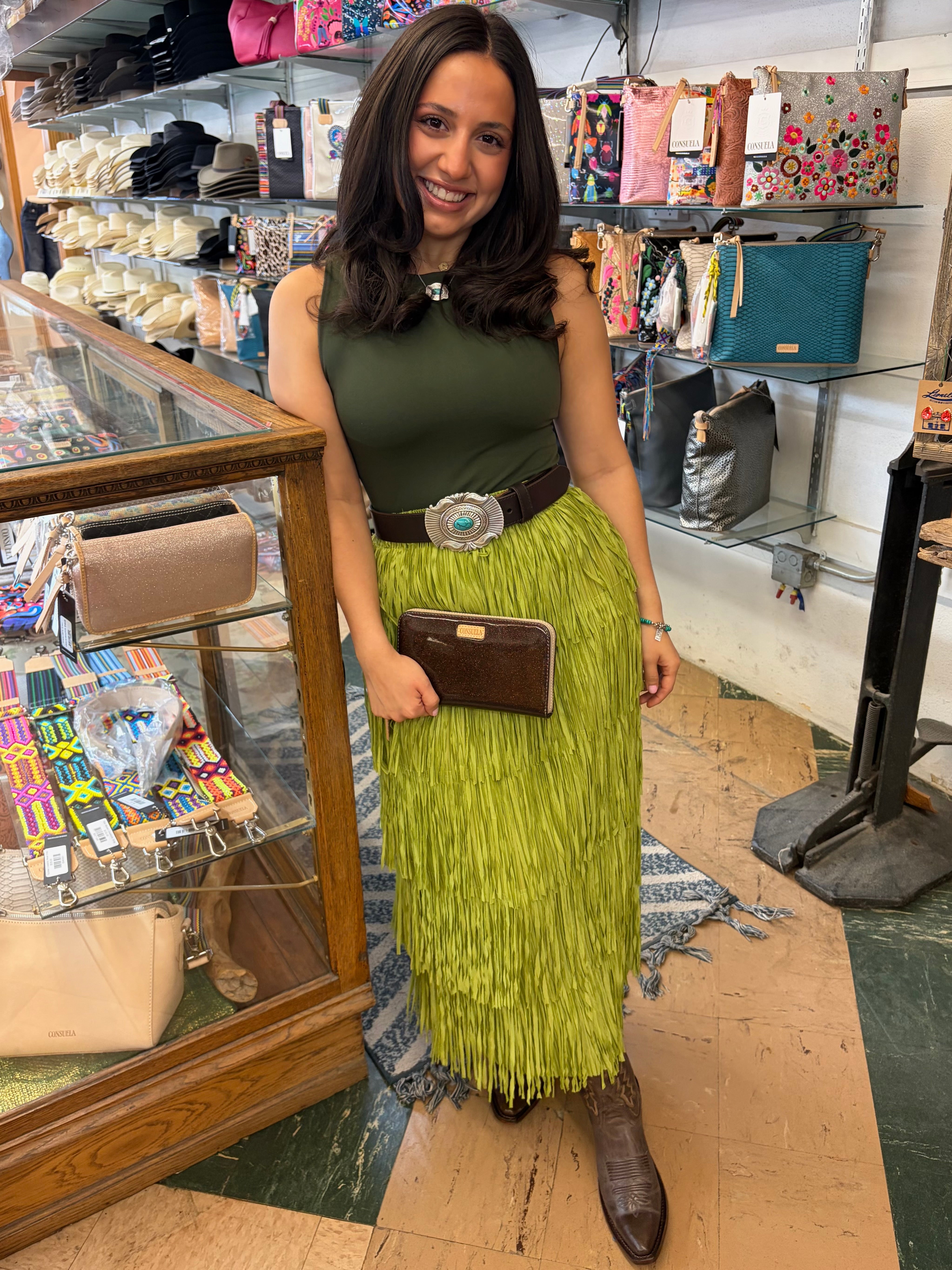 Lime Green All Over Fringe Skirt