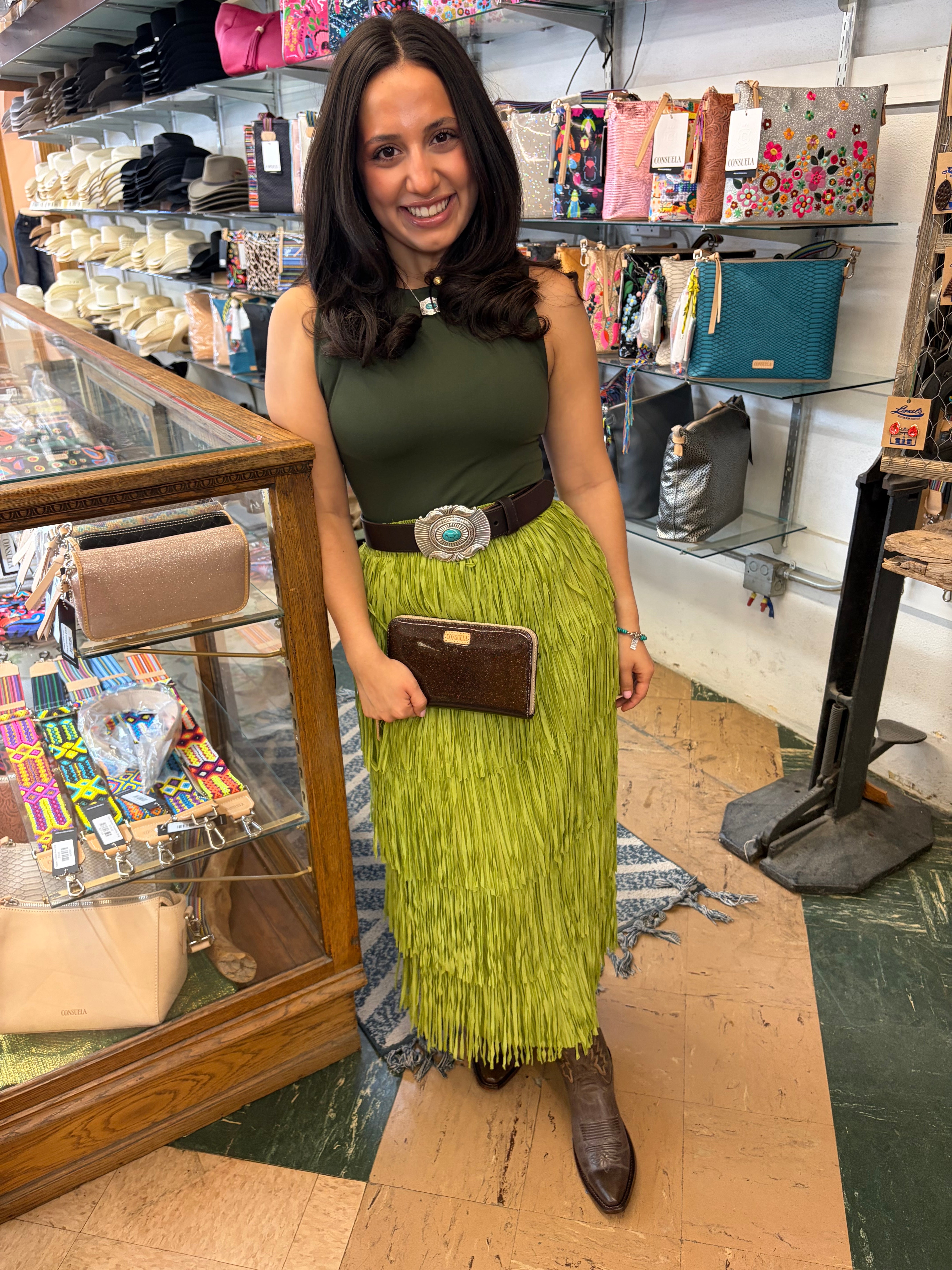 Lime Green All Over Fringe Skirt