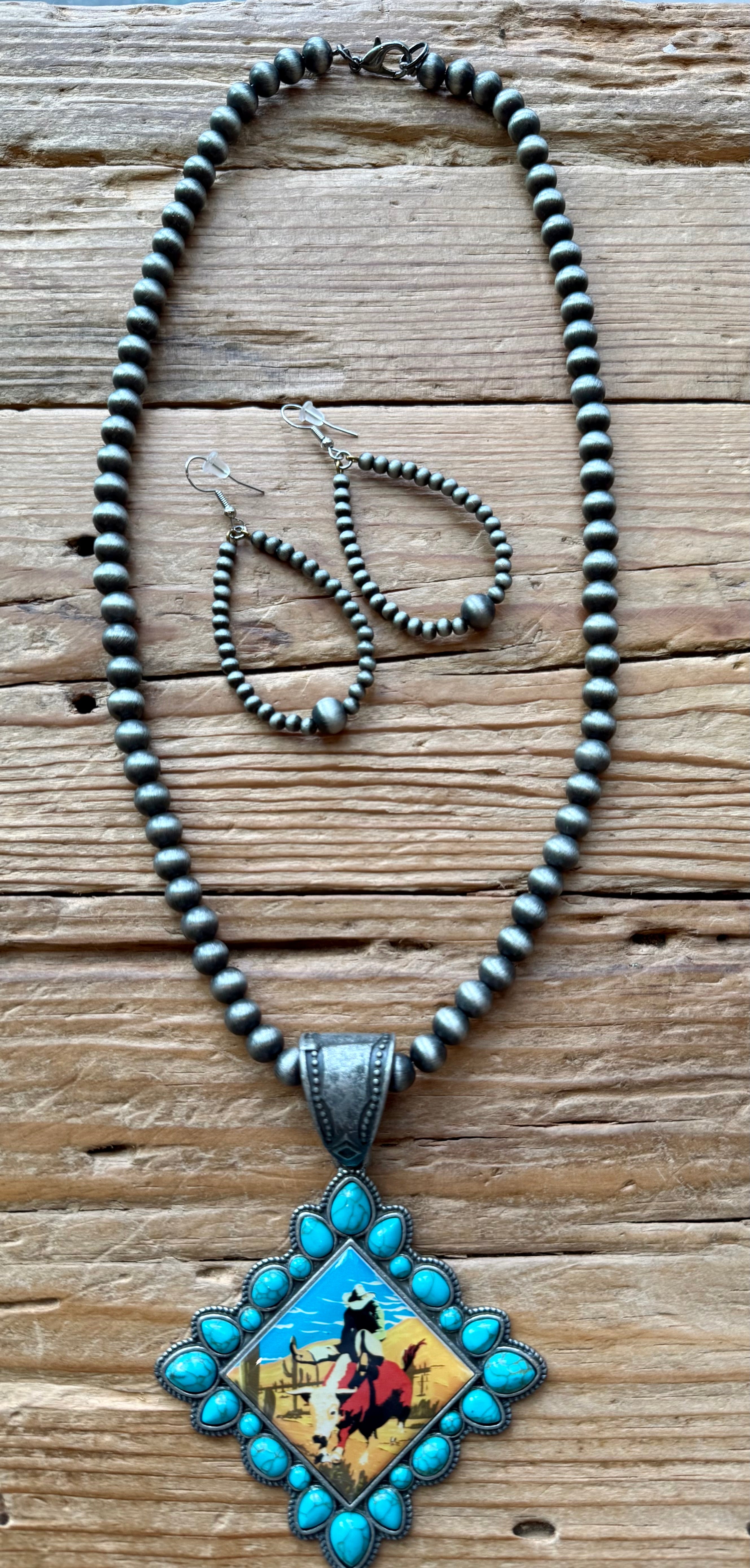 Vintage Western Scene Pendant on Faux Navajo Pearls w/ Earrings/Dark Background