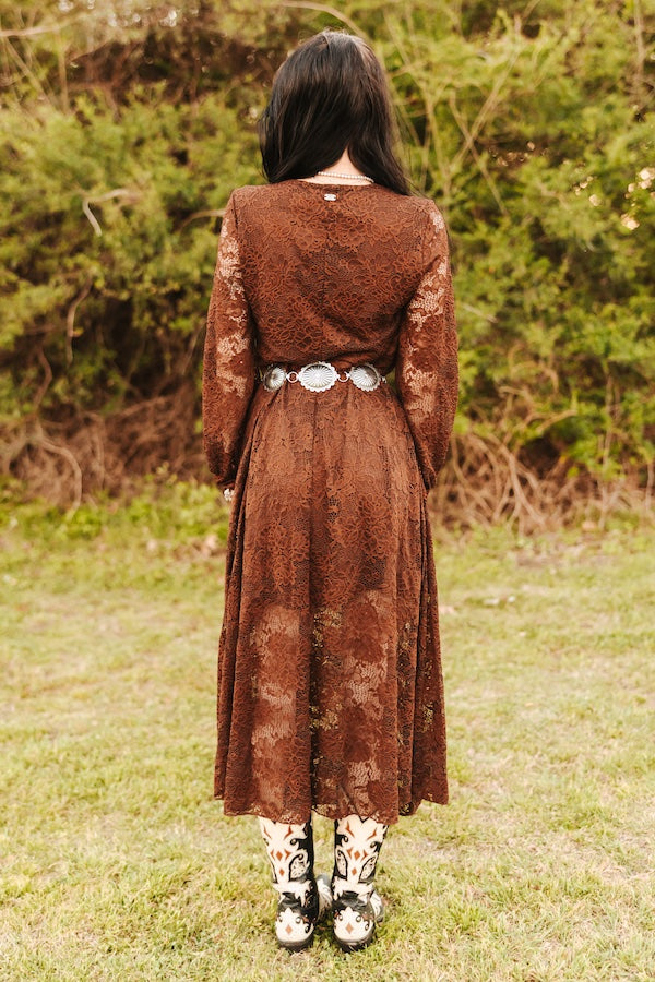 Brown Western Lace Long Sleeve Midi Dress