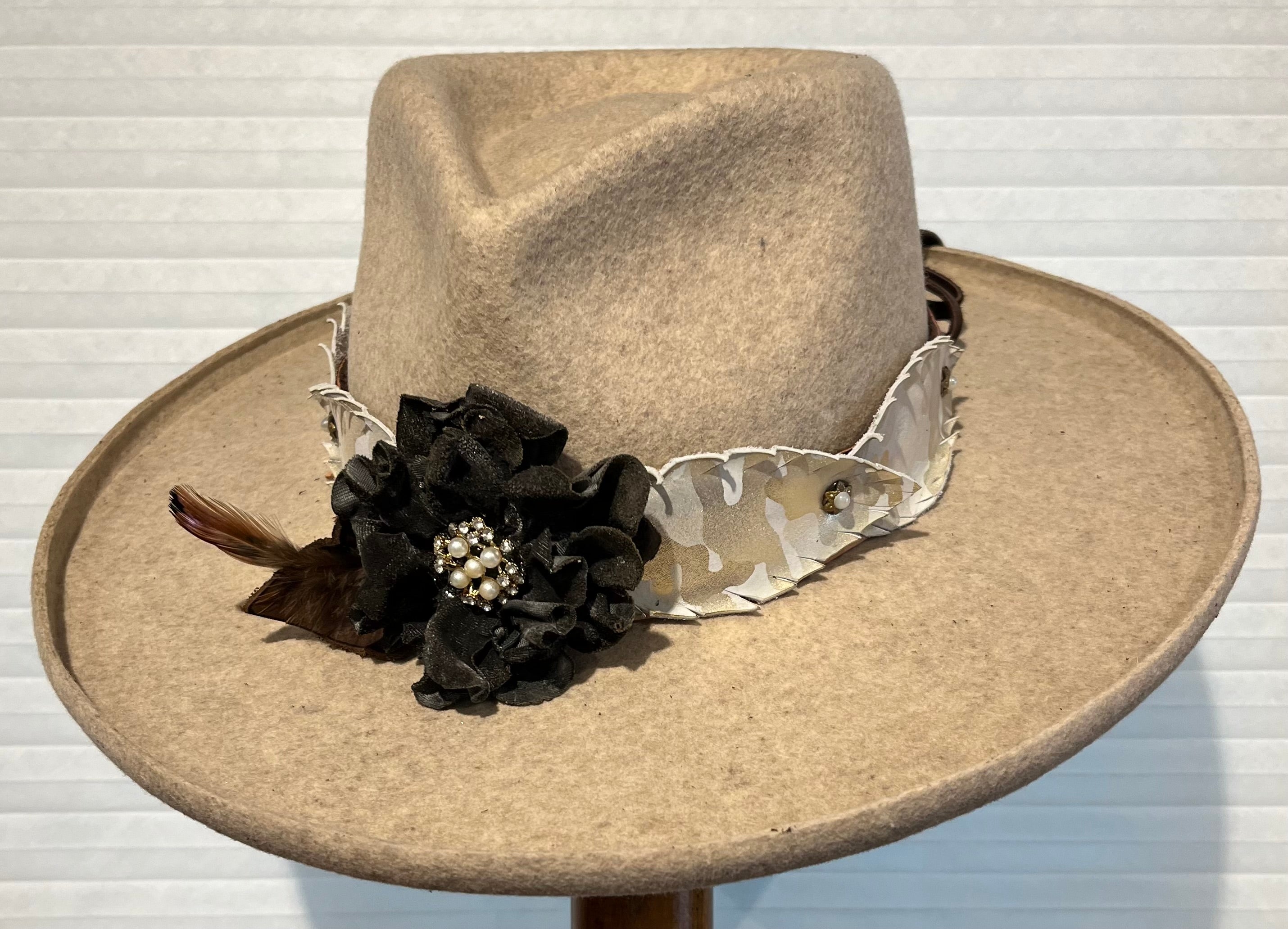 One of a Kind Women's Fancy Hat Band/Champagne/Black Rose