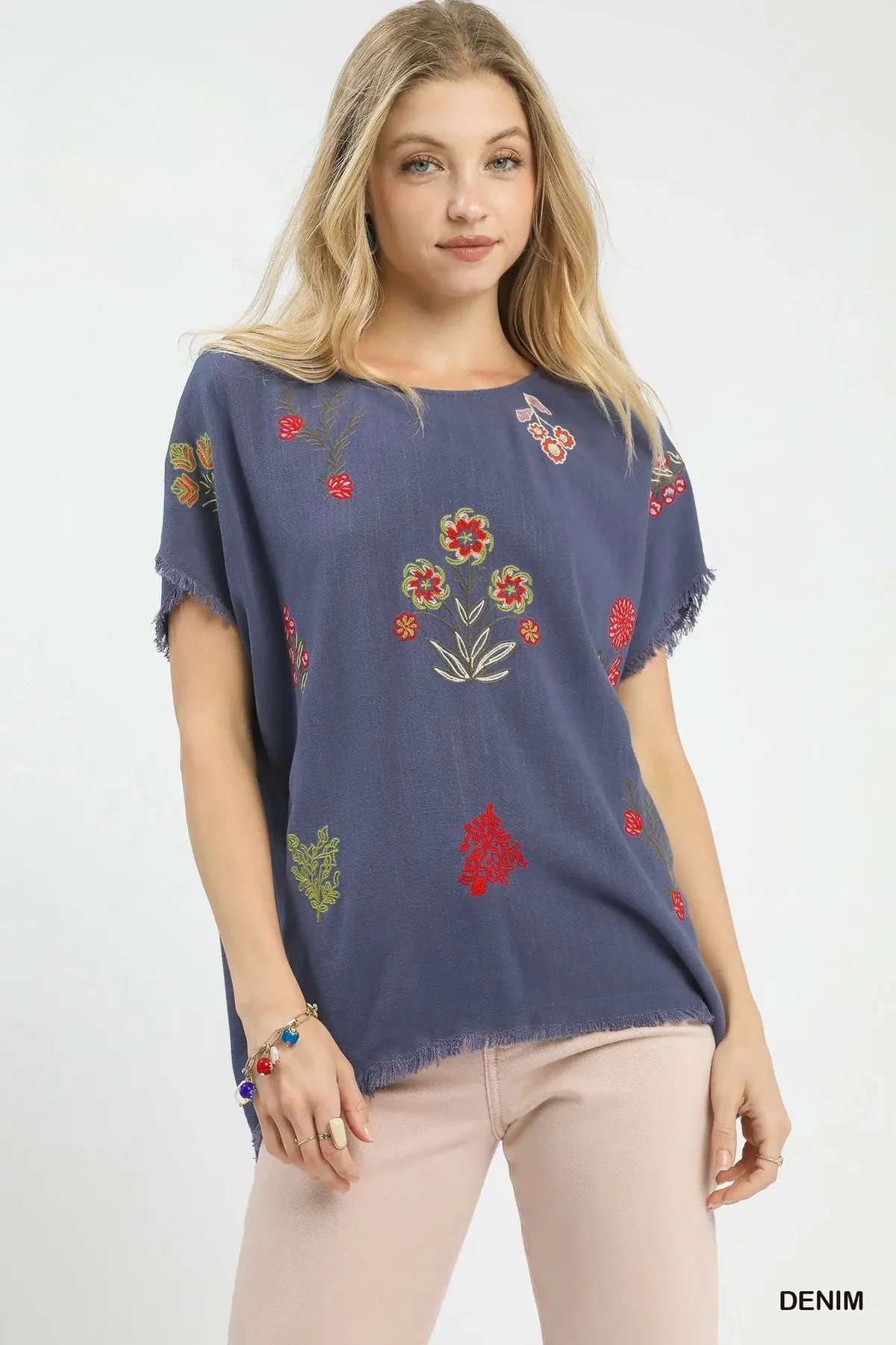 Denim Blue Linen Blend Embroidered Frayed Hem Top