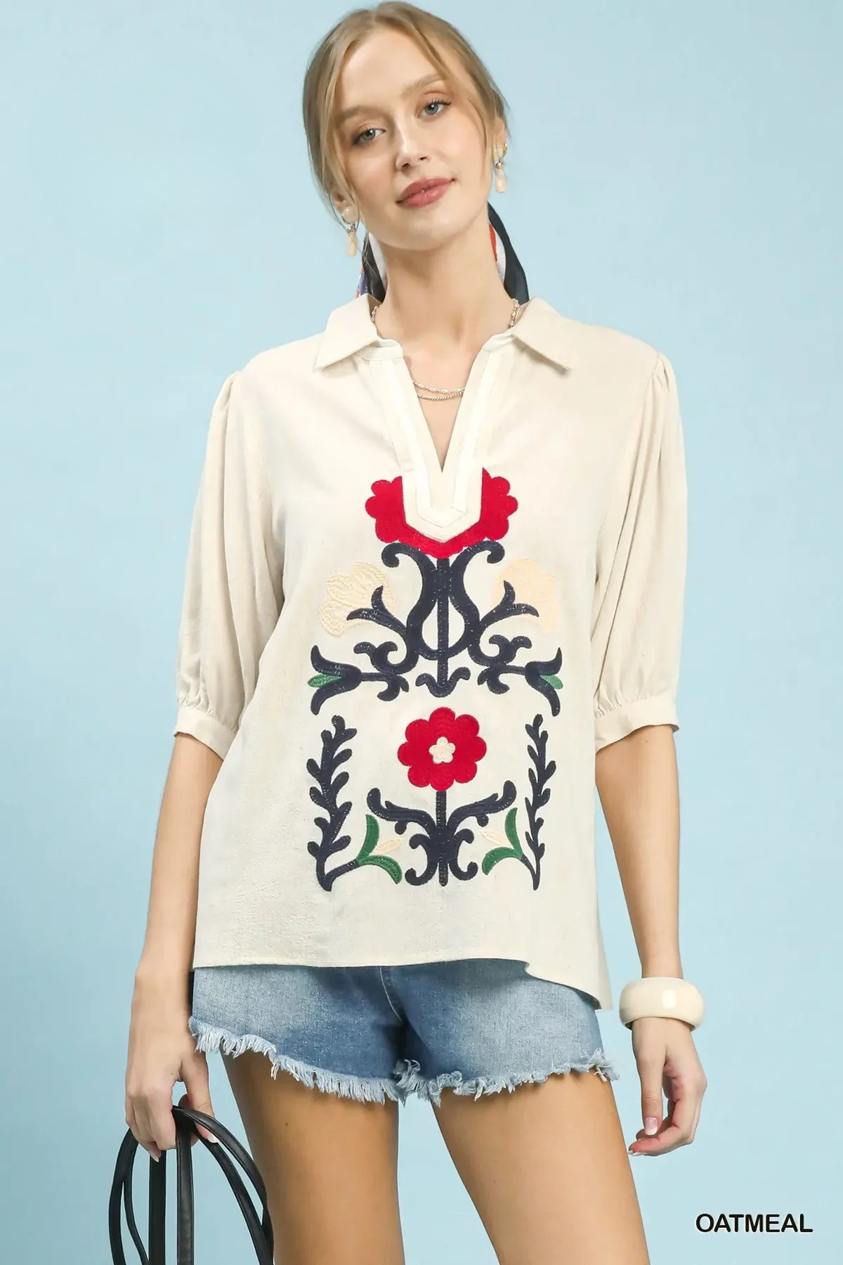Oatmeal Linen/Cotton Embroidered V-Neck Top