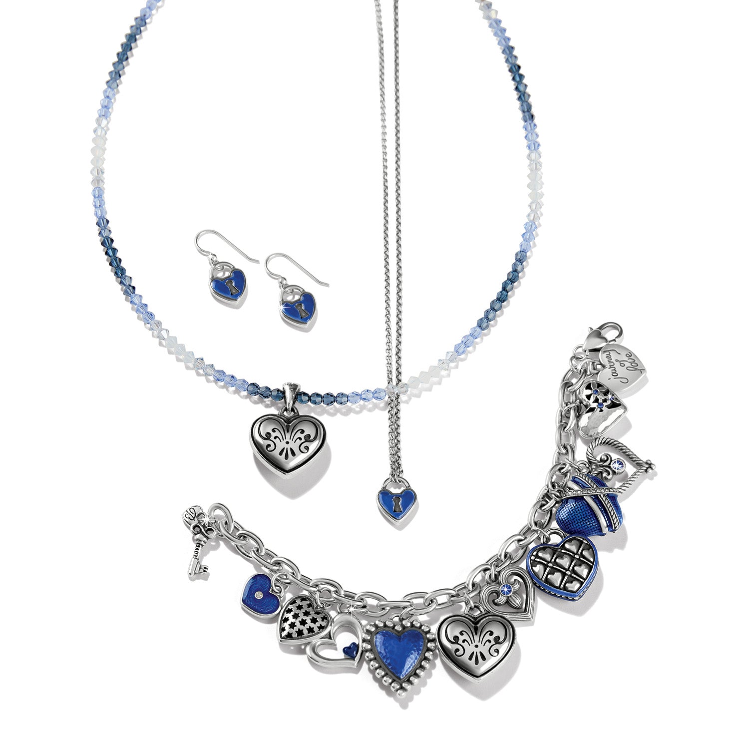 One Heart Link Charm Bracelet/Silver-Blue
