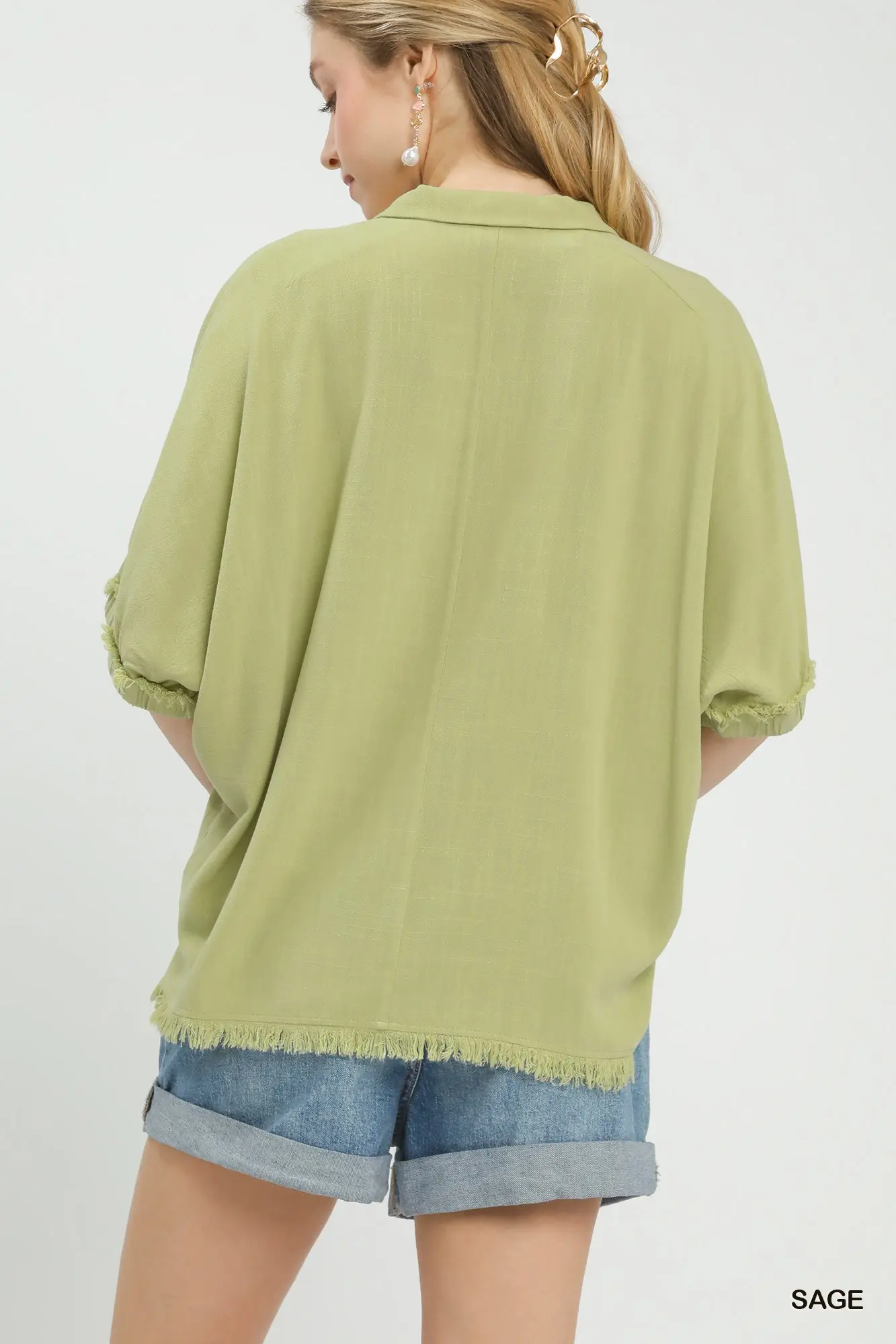 Sage Green Frayed Edge Linen Top