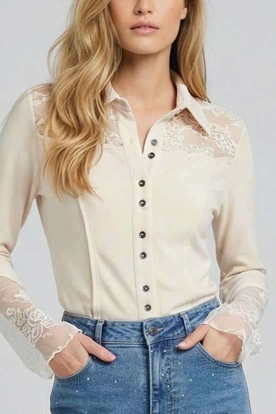 Ivory Lace Yoke Button-Down Blouse