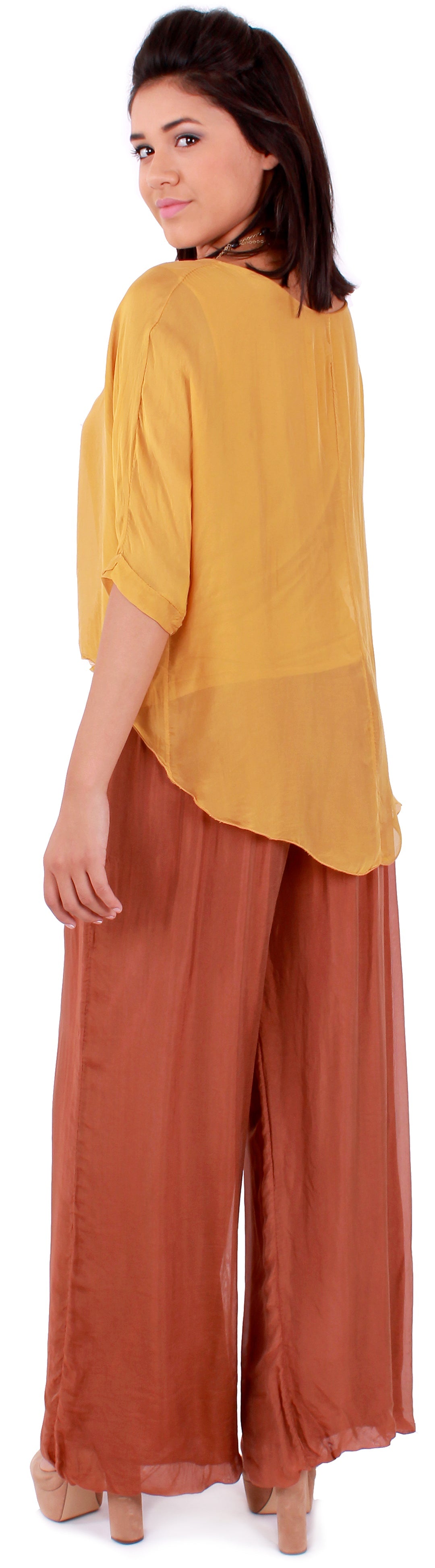 Washable Silk Top w/ Frayed Hem/Mustard