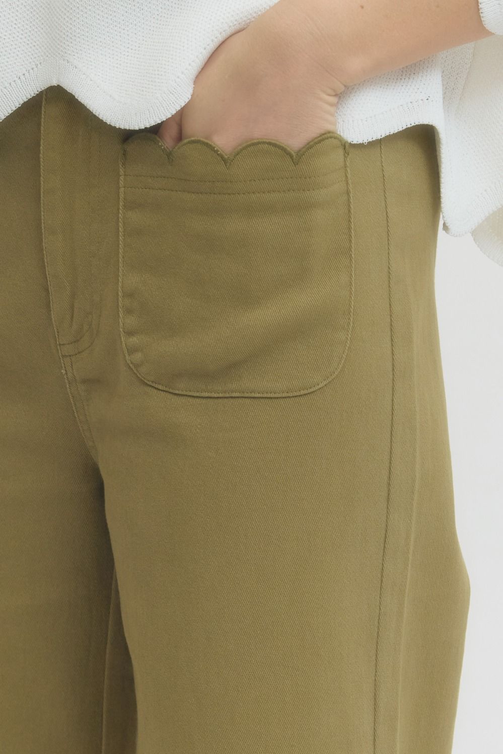 Light Olive Scallop Trim Wide Leg Pants