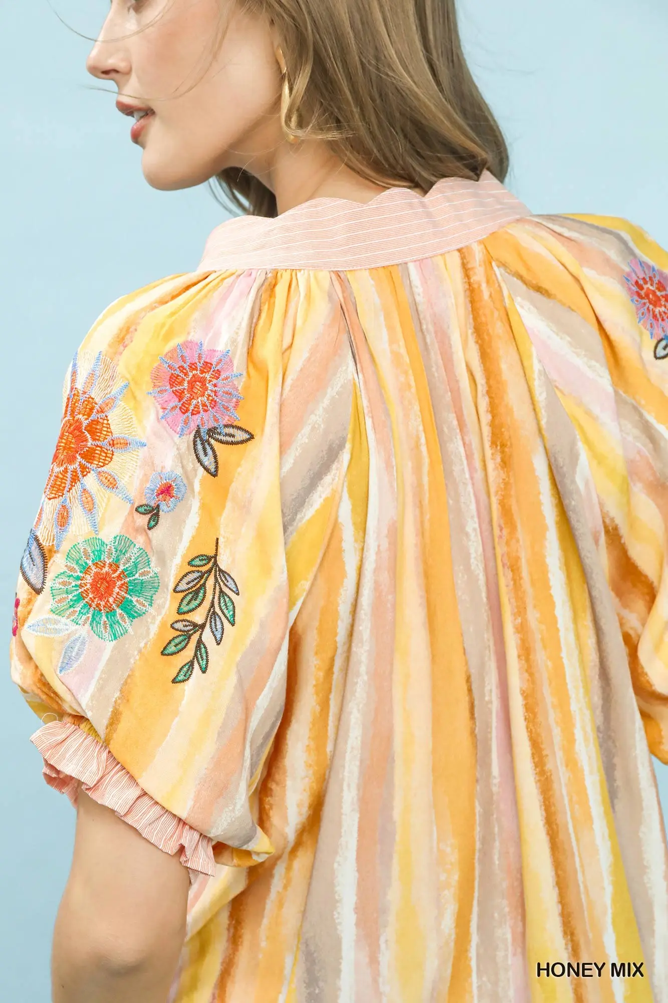 Honey Mix Embroidered Puff Sleeve Striped V-Neck Boho Blouse