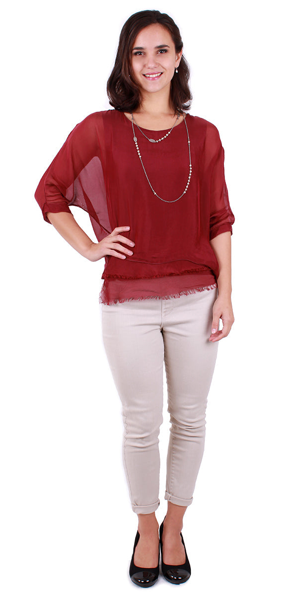 Washable Silk Top w/ Frayed Hem/Burgundy