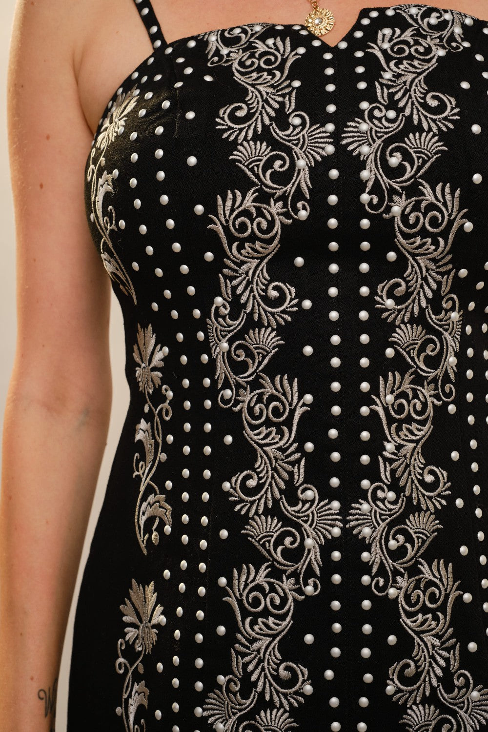 Black Denim Embroidered & Studded Mini Dress