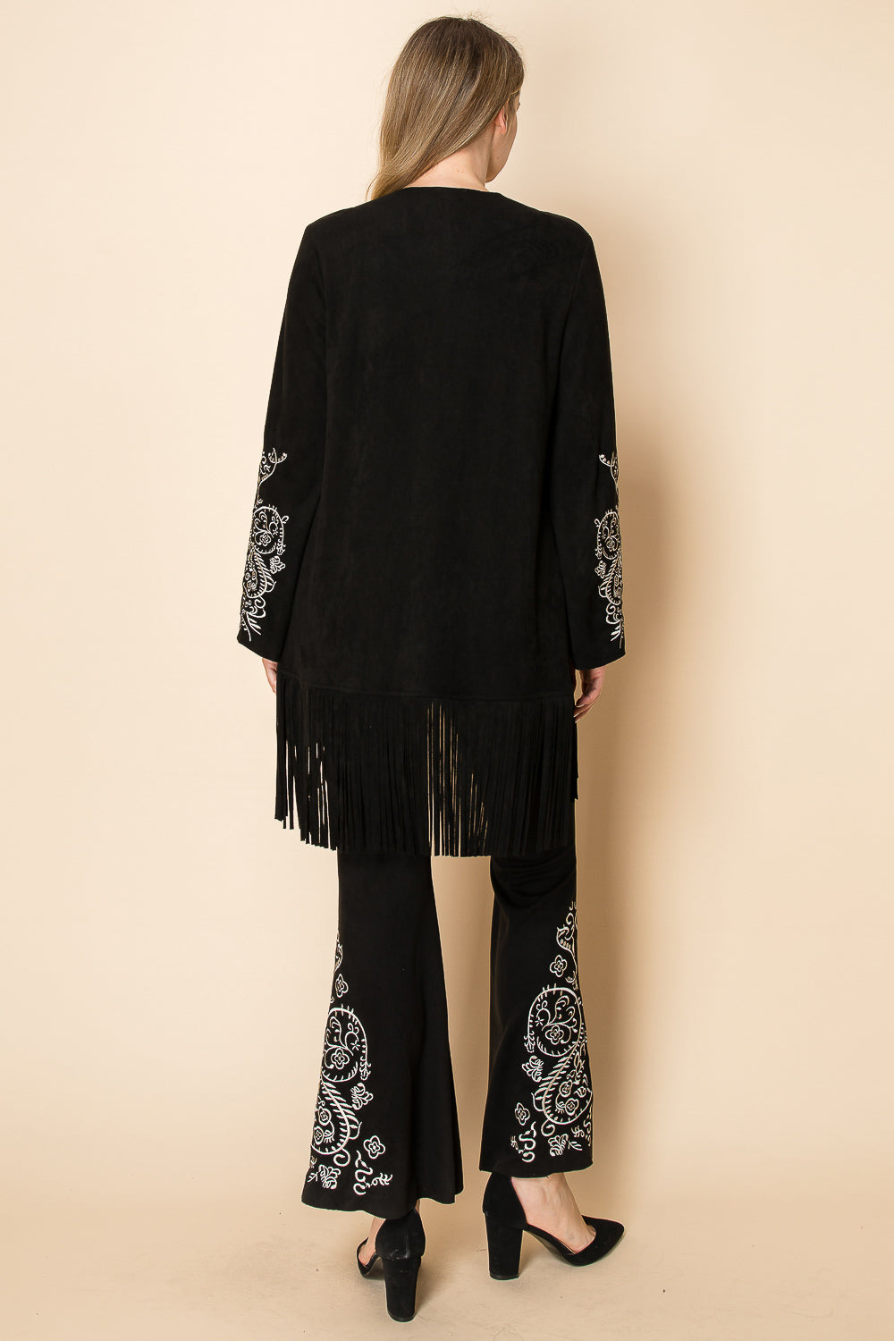 Black Ultra Suede Blazer Jacket w/ Fringe & Embroidery