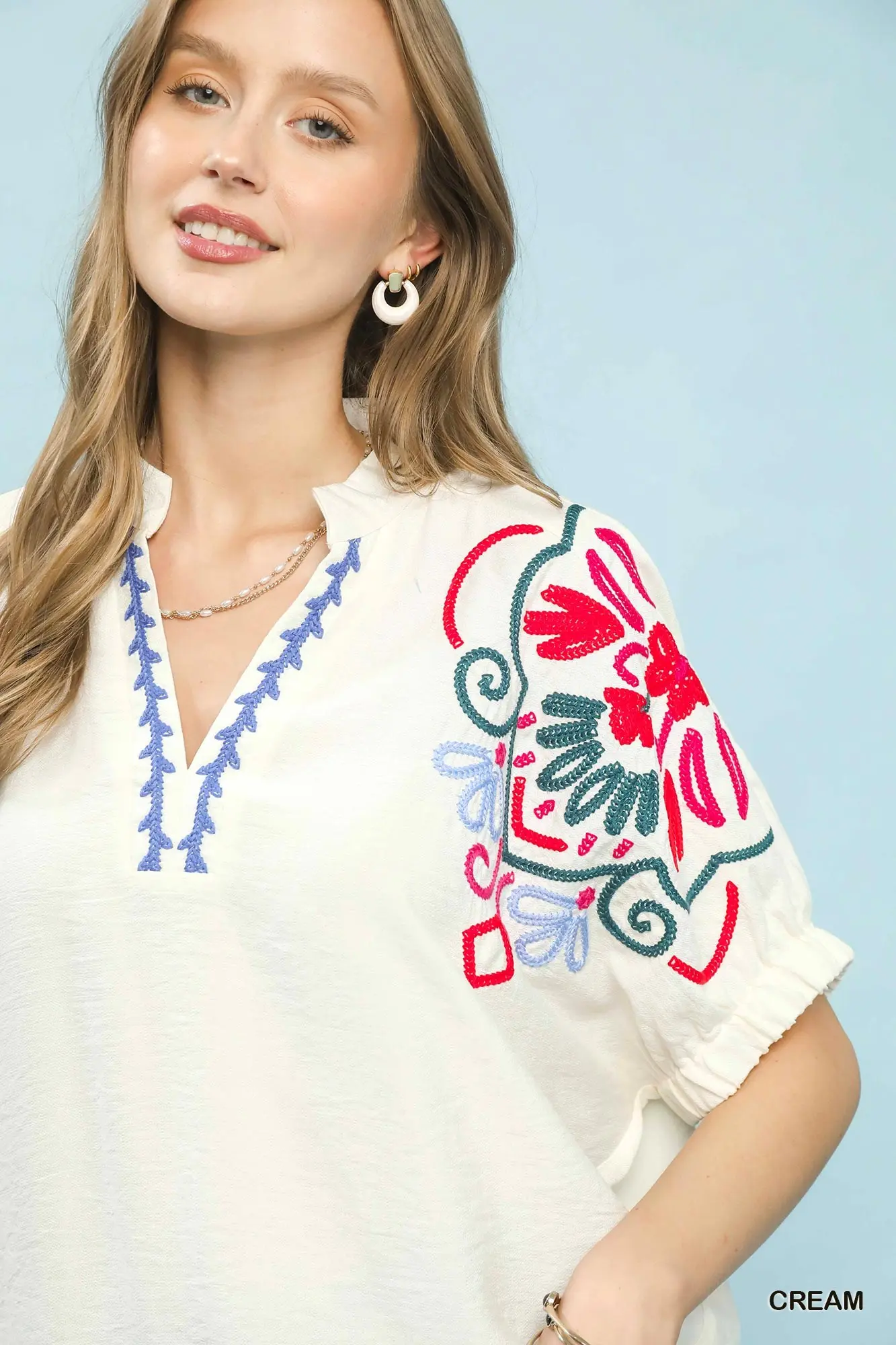 Fiesta Bloom Embroidered Puff Sleeve Top