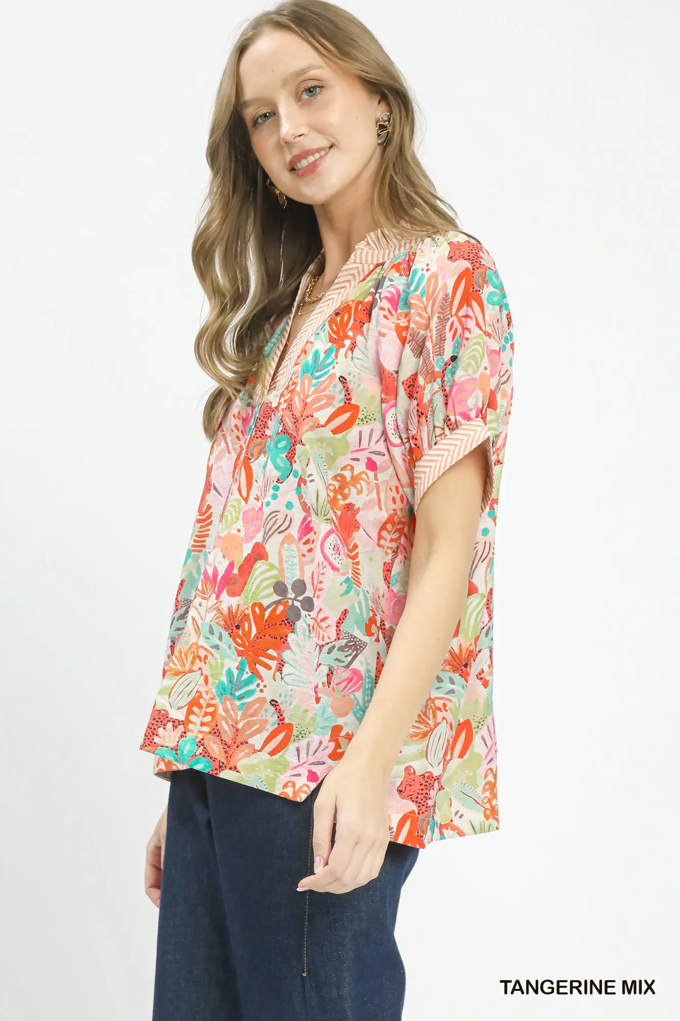 Tangerine Mix Floral Print Short Sleeve Top