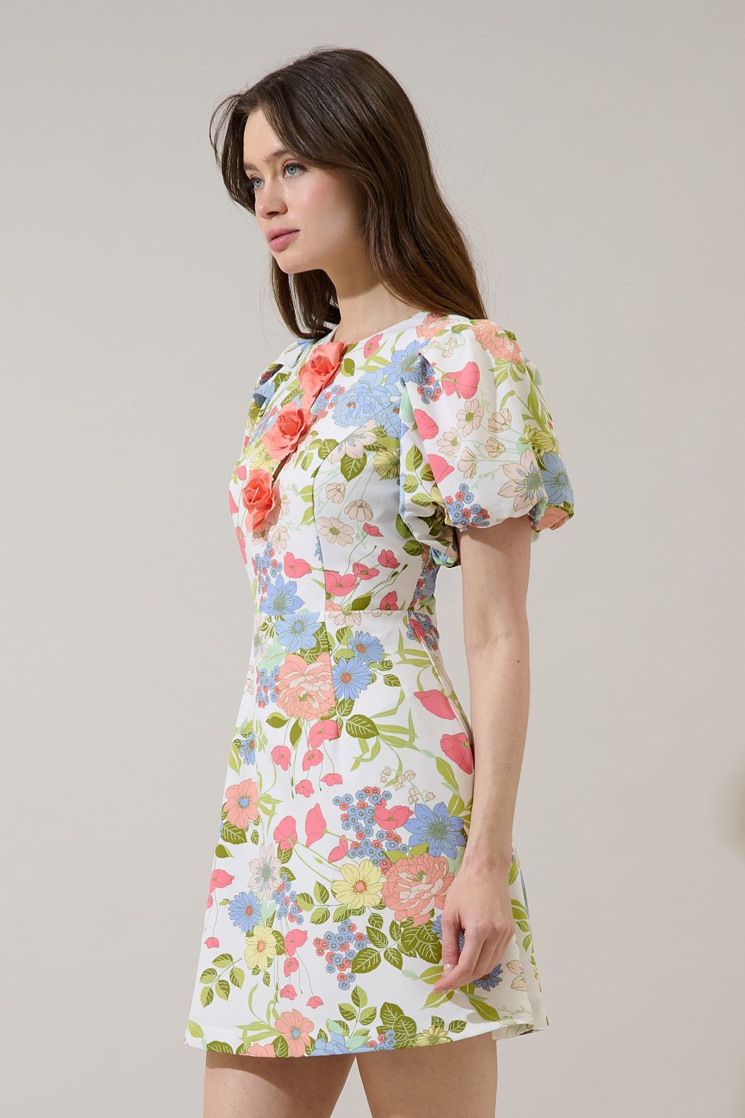 Cream Multi Floral Appliqué Mini Dress