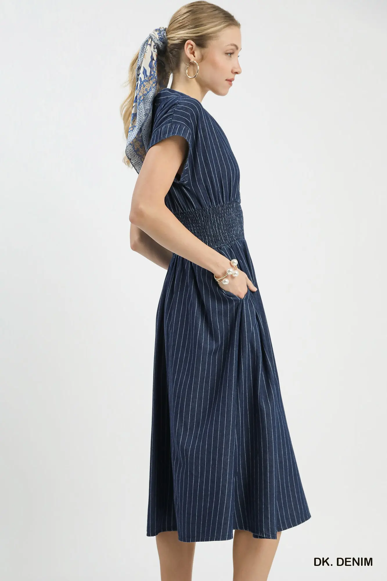 Dark Denim Pinstripe Button-Front Midi Dress