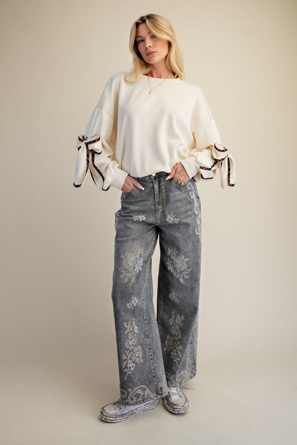 Ash Grey Neutral Floral Embroidered Wide Leg Jeans