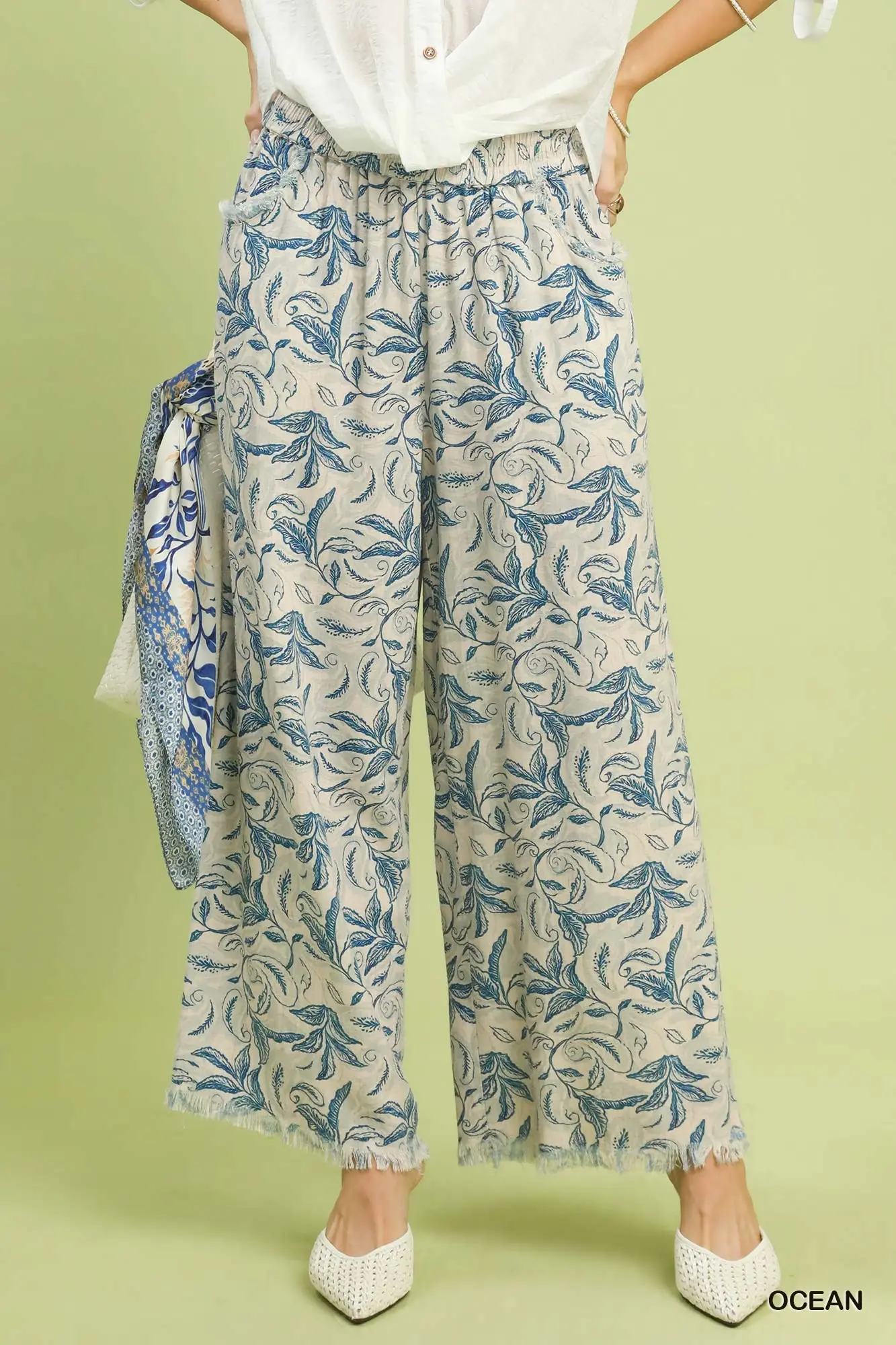 Ocean Blue Botanical Linen/Blend Wide Leg Pants