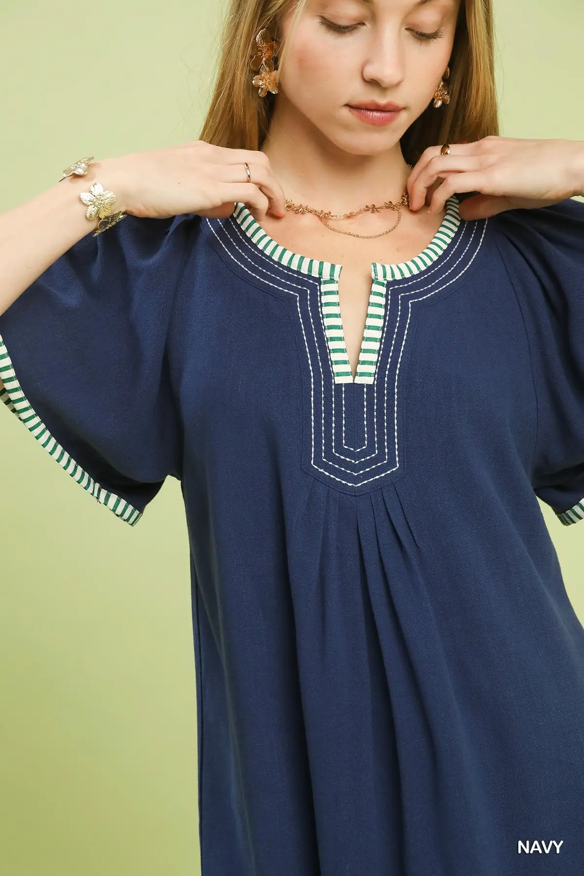 Navy Linen/Cotton Blend Flutter Sleeve Top