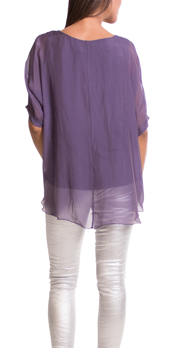 Washable Silk Top w/ Frayed Hem/Purple