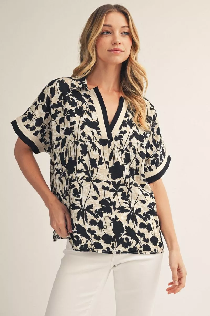 Black Mix Tropical Floral Top w/ Contrast Details