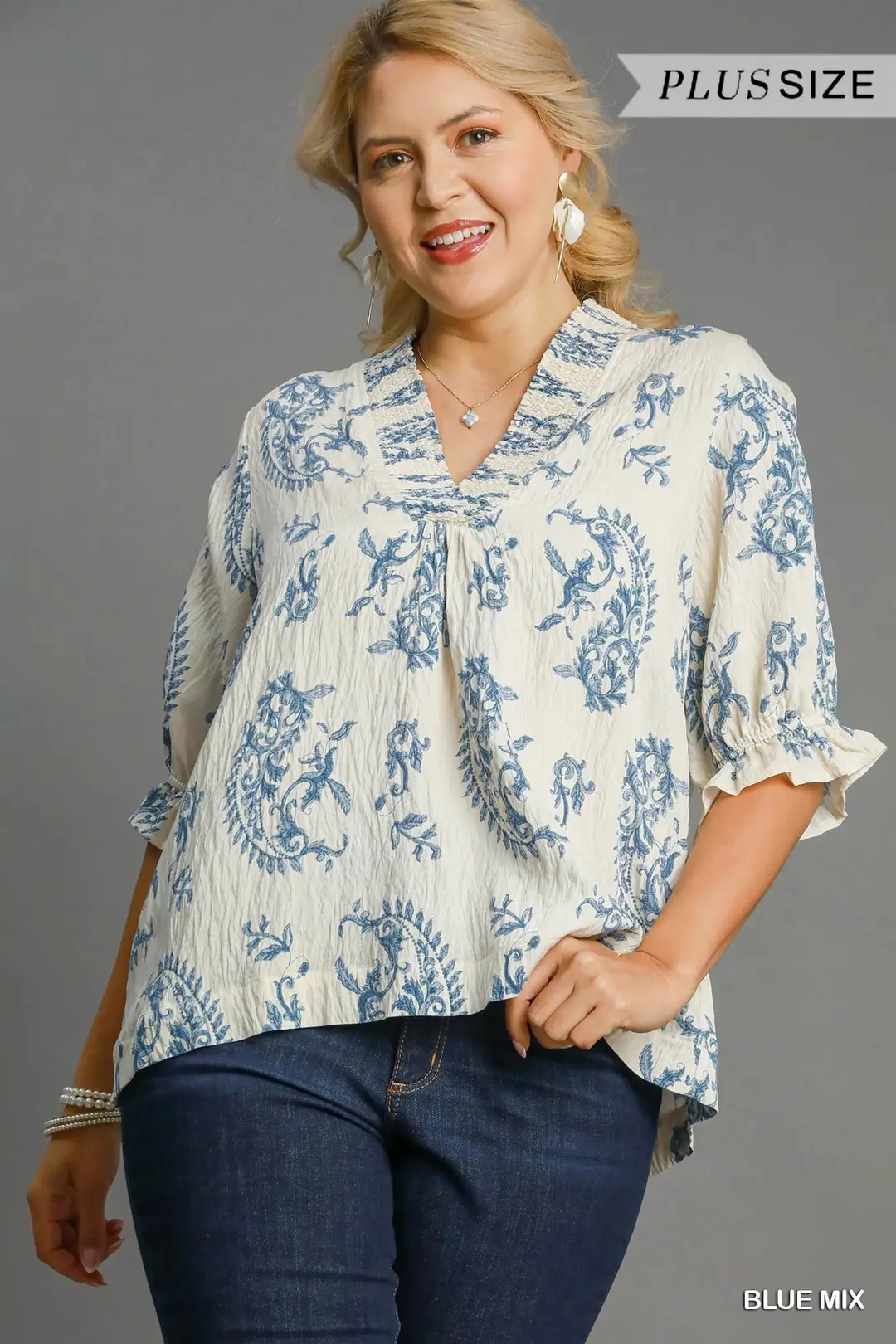 Paisley Print V-Neck Top – Blue Mix