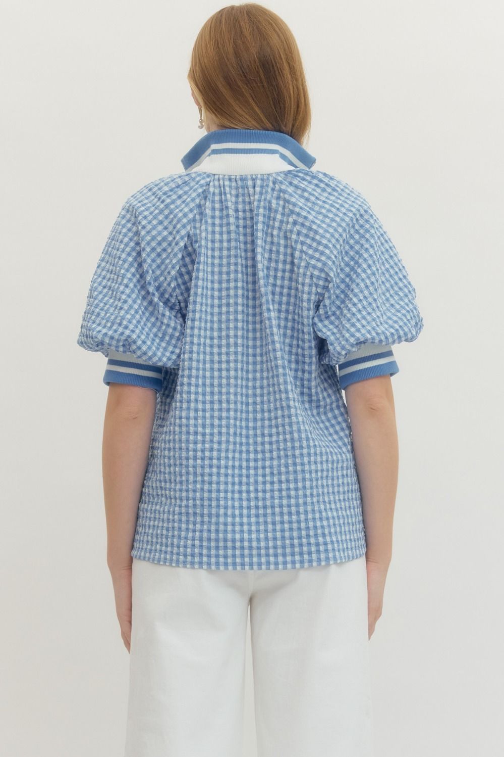 Blue Gingham Puff Sleeve Zip Top
