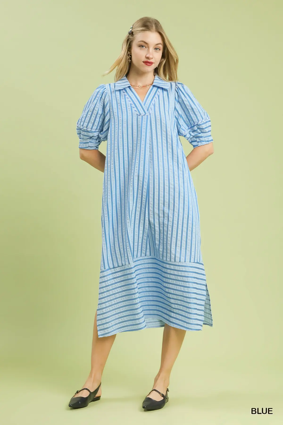 Blue Striped Puff Sleeve Midi Dress