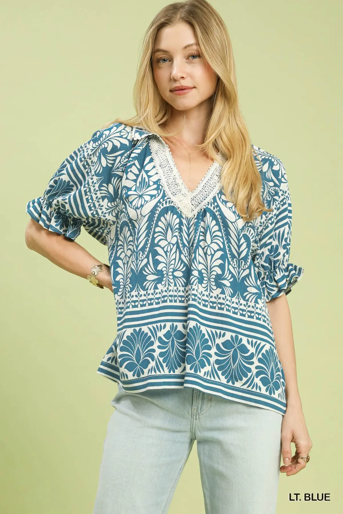 Denim Blue & Cream Lace Trim Puff Sleeve Top