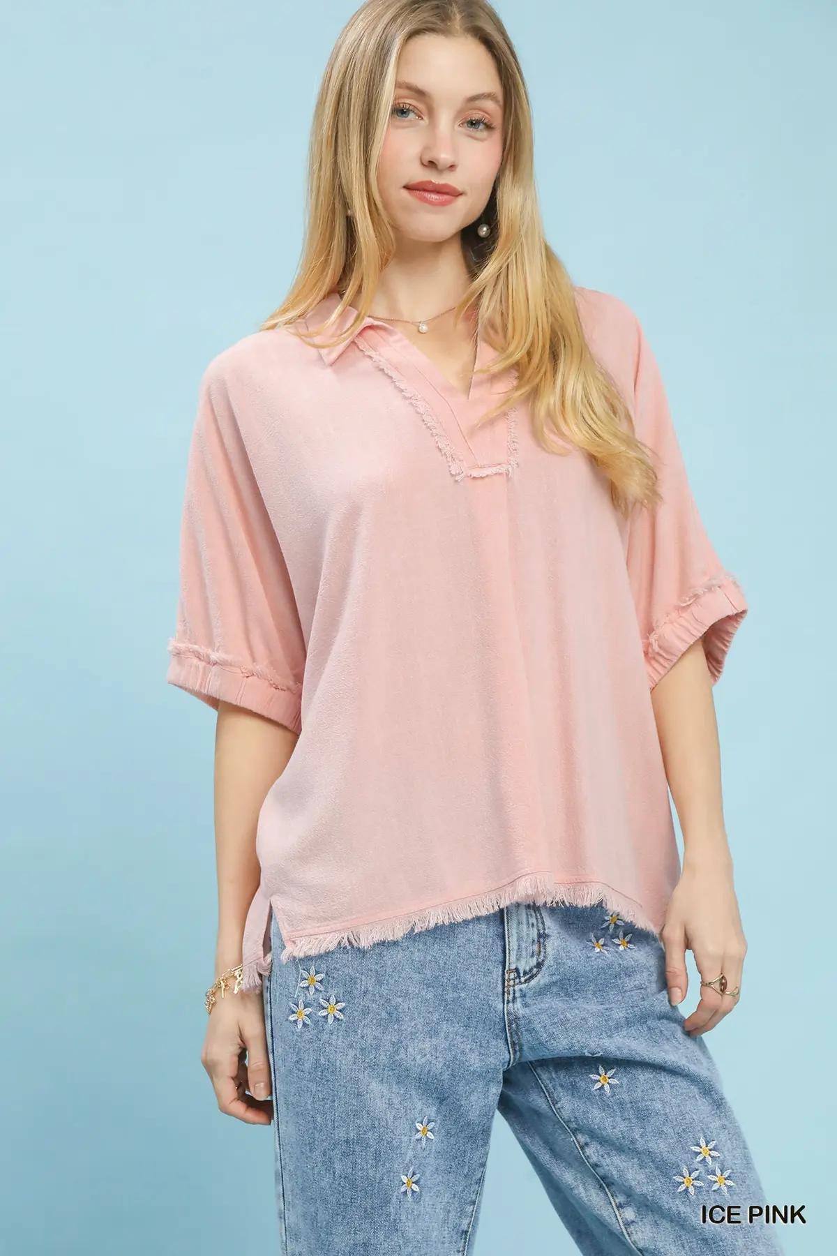 Ice Pink Frayed Edge Linen Top