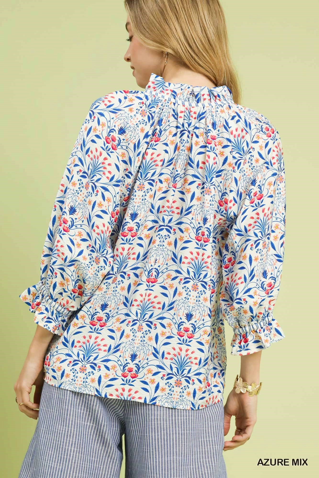 Azure Mix Botanical Floral Button-Front Blouse
