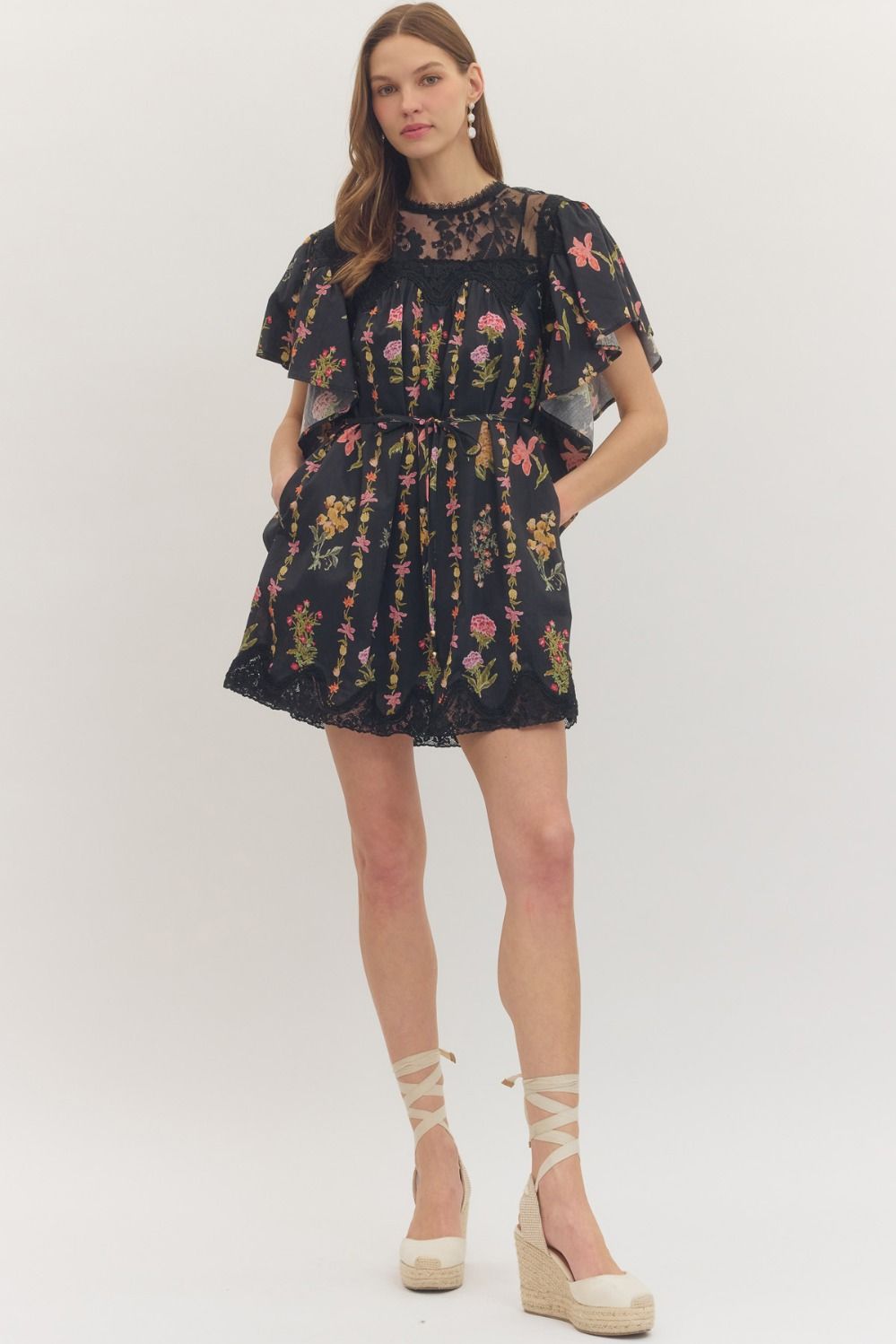 Black Floral Lace Yoke Flutter Sleeve Mini Dress