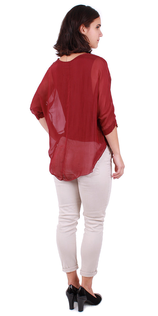 Washable Silk Top w/ Frayed Hem/Burgundy