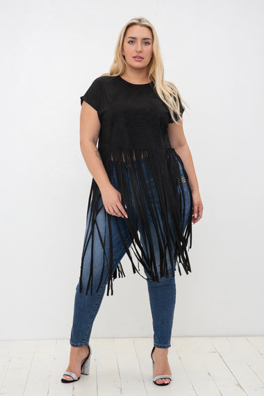 Black Faux Suede Short Sleeve Fringed Top