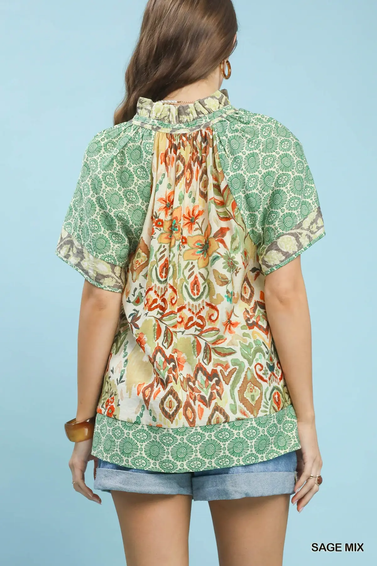 Sage Mixed Print V-Neck Short Sleeve Top