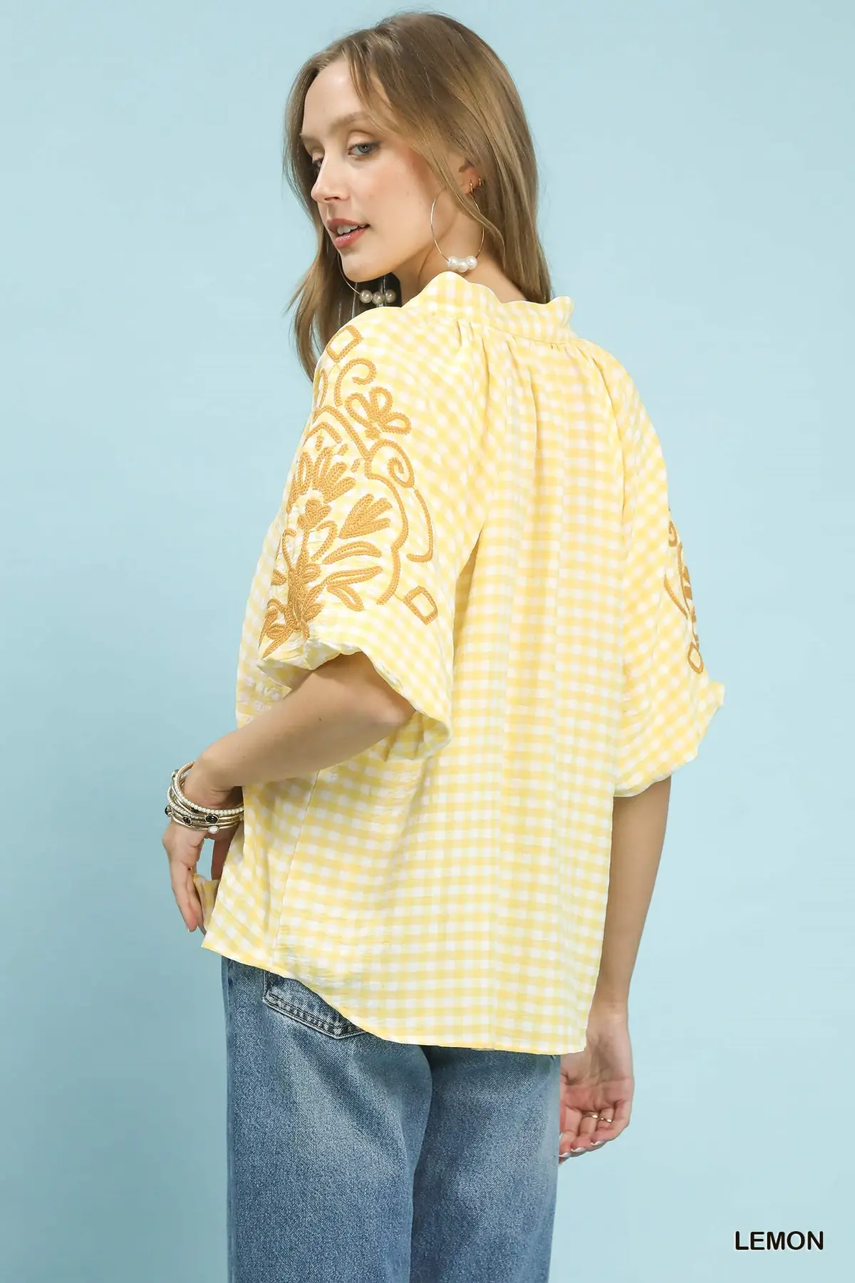 Lemon Gingham Embroidered Balloon Sleeve Top