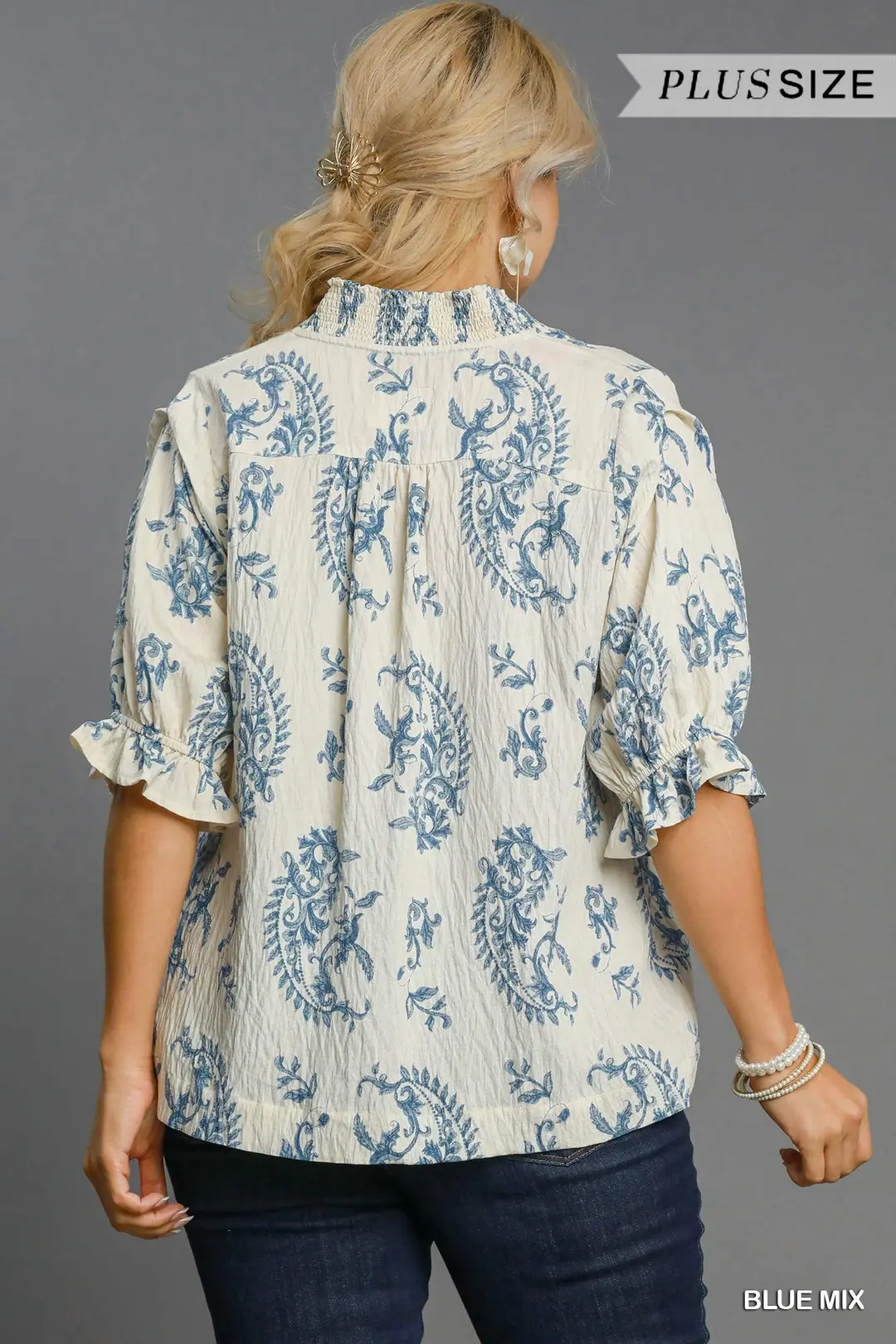 Paisley Print V-Neck Top – Blue Mix